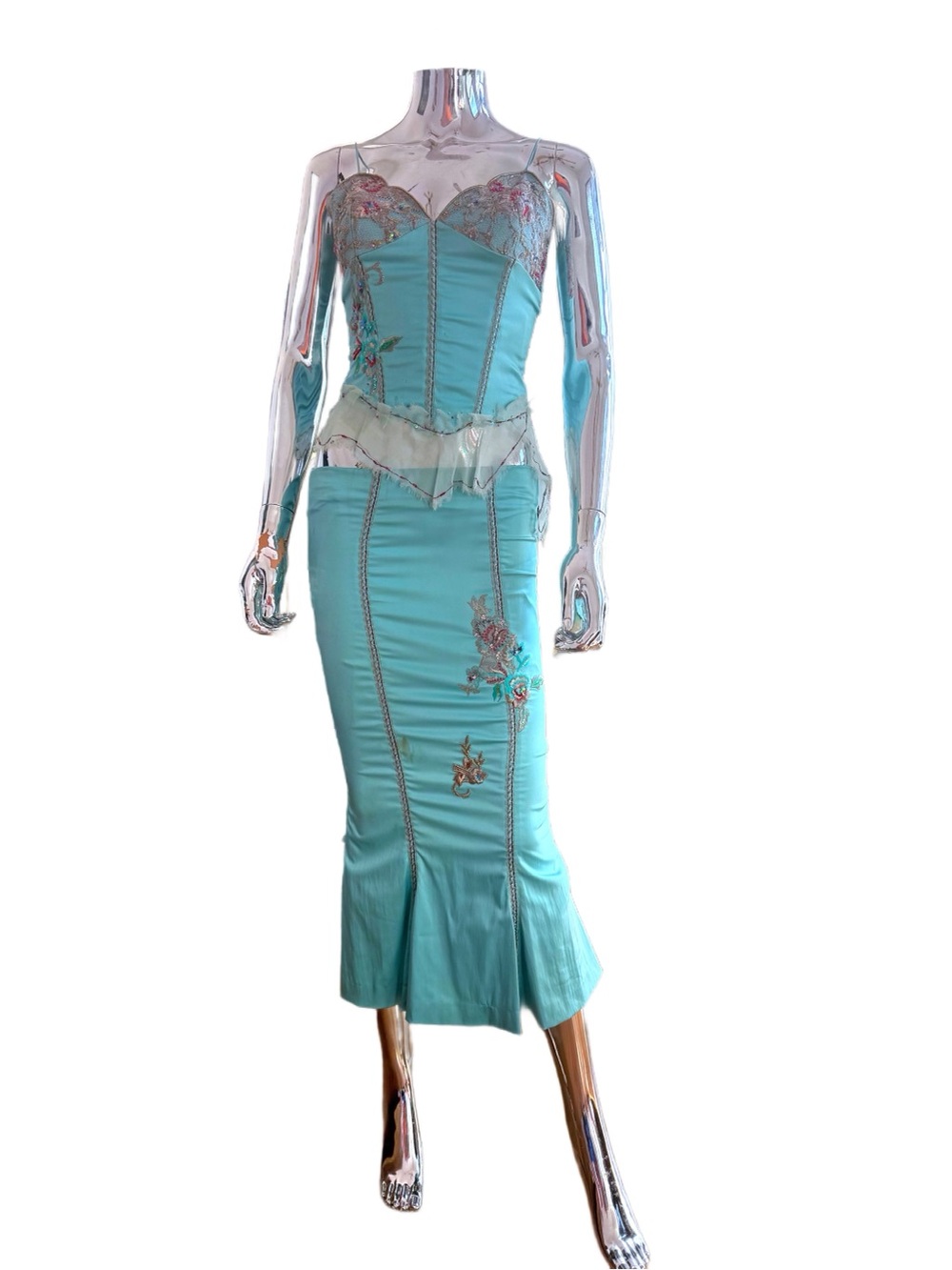Rare Vintage 2000's Mandalay Aqua Embroidered Bustier Dress Two Piece
